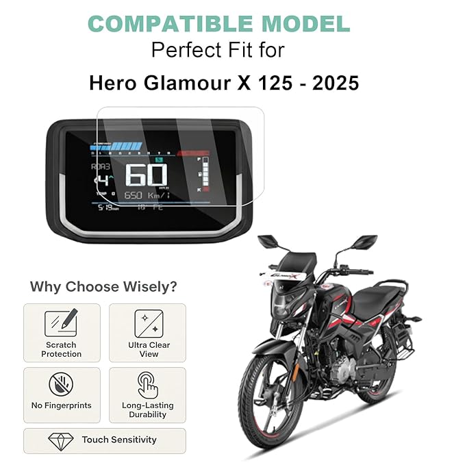 Screen Guard for Hero Glamour X 125 (2025) | HD Clear Full Cover Digital Meter Protector