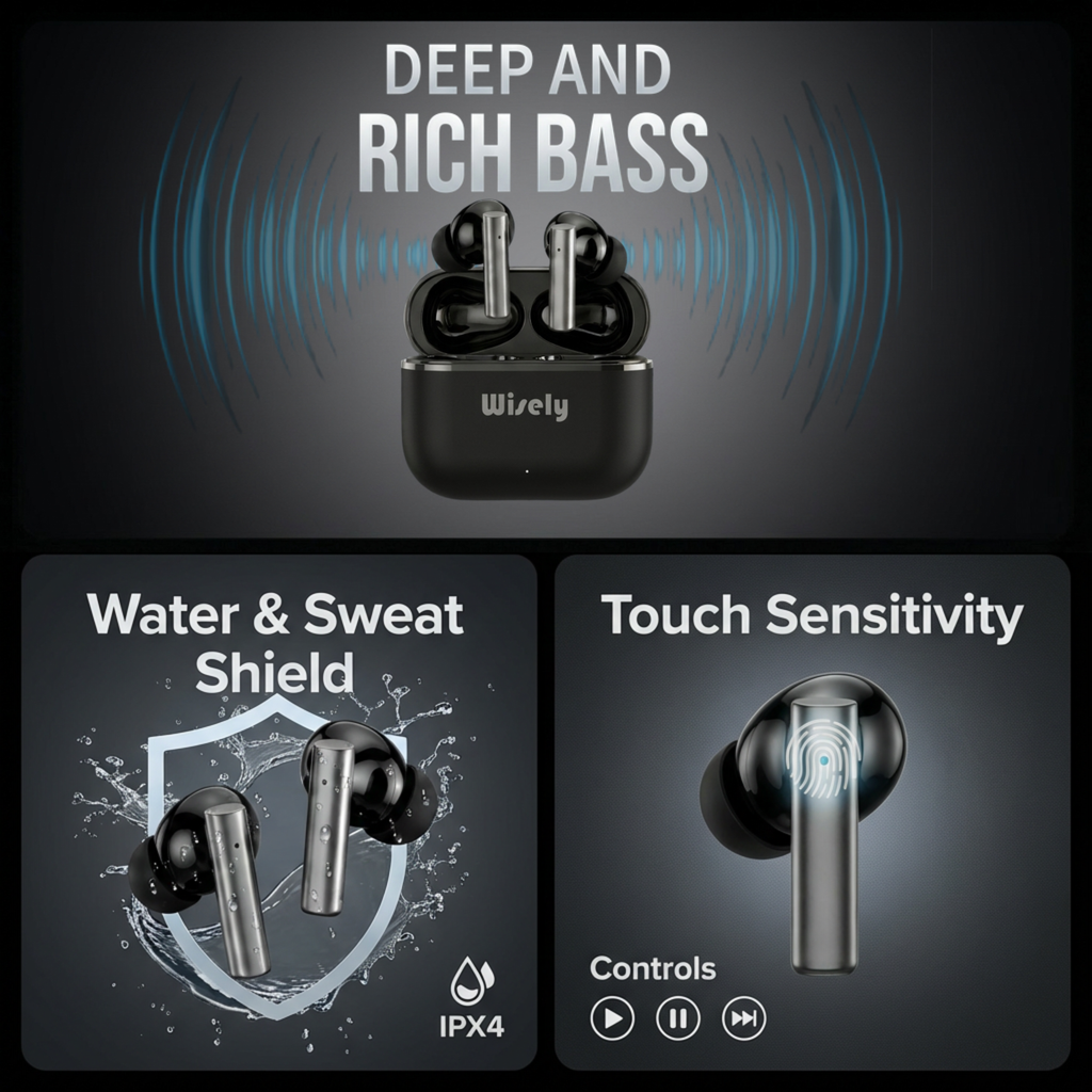 Wisely Buds Pro True Wireless Earbuds (Bluetooth V5.4) with 50 Hours Playtime & 2-mic Clear Calling ANC, IPX4 Waterproof, Deep Bass Stereo Ear Buds TWS Earphones