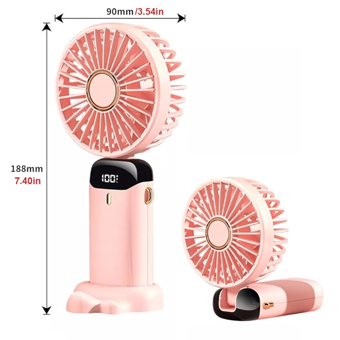 Wisely Multifunctional Handheld Fan with Digital Display – Rechargeable 5-Speed USB Portable Mini Fan for Travel, Office & Home (Pink)