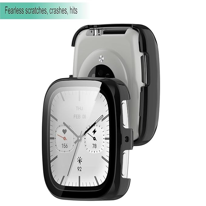 Wisely Shine Protective Slim Bumper Tempered Glass Case Cover for Amazfit Active 2 Square – Luxury Black, 360° Shockproof Protection