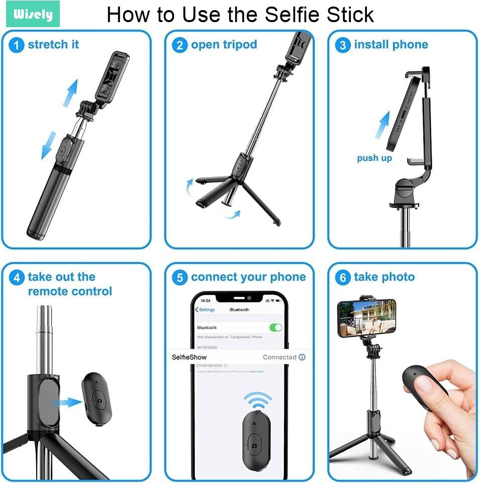 Selfie Sticks with Bluetooth Wireless Remote and Tripod Stand, 3-in-1 Multifunctional Extendable Selfie Stick Compatible with iPhone/Mi/OnePlus/Samsung/Oppo/Vivo and All Phones