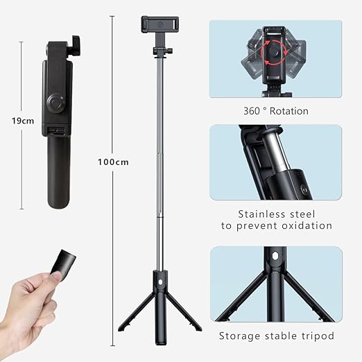 Selfie Sticks with Bluetooth Wireless Remote and Tripod Stand, 3-in-1 Multifunctional Extendable Selfie Stick Compatible with iPhone/Mi/OnePlus/Samsung/Oppo/Vivo and All Phones
