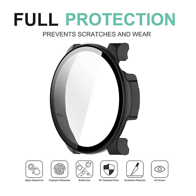 Wisely Shine Protective Slim Bumper Tempered Glass Case Cover for Amazfit Balance 46mm – Luxury Black, Shockproof 360° Protection