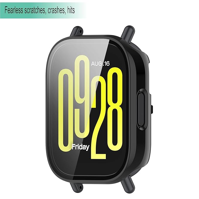 Wisely Shine Full Protective Slim Bumper Tempered Glass Case Cover for Redmi Watch 5 Active – Luxury Black