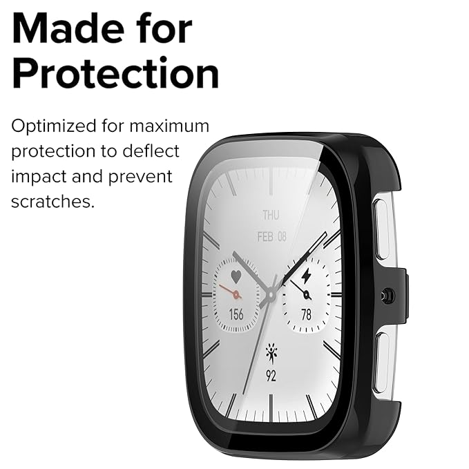 Wisely Shine Protective Slim Bumper Tempered Glass Case Cover for Amazfit Active 2 Square – Luxury Black, 360° Shockproof Protection