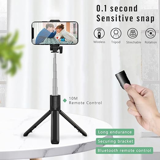Selfie Sticks with Bluetooth Wireless Remote and Tripod Stand, 3-in-1 Multifunctional Extendable Selfie Stick Compatible with iPhone/Mi/OnePlus/Samsung/Oppo/Vivo and All Phones