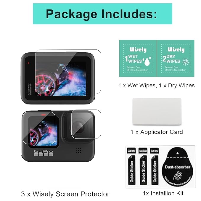 Premium Screen Guard Protector Compatible for GoPro Hero 9/10 / 11/12 Action Camera, Easy installation kit, HD Clear, Full Cover, Set Of 3 Glass