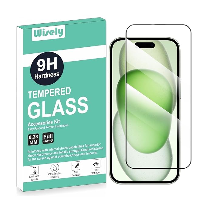 Tempered Glass Screen Protector for Apple iPhone 15/15 Pro (6.1 Inch) – Full Cover 9H Hardness, HD Clear, Scratch Resistant