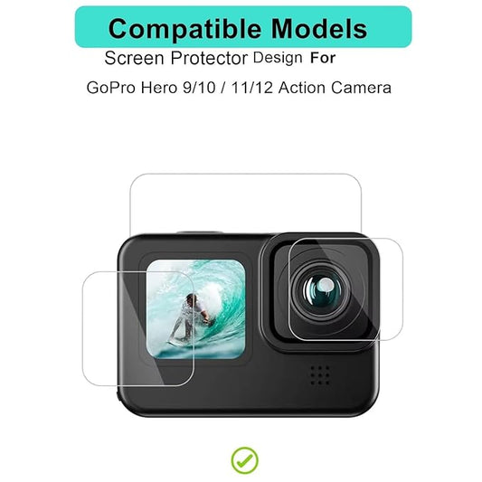 Premium Screen Guard Protector Compatible for GoPro Hero 9/10 / 11/12 Action Camera, Easy installation kit, HD Clear, Full Cover, Set Of 3 Glass