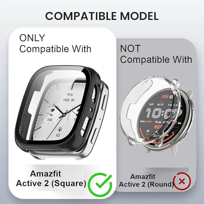 Wisely Shine Protective Slim Bumper Tempered Glass Case Cover for Amazfit Active 2 Square – Luxury Black, 360° Shockproof Protection