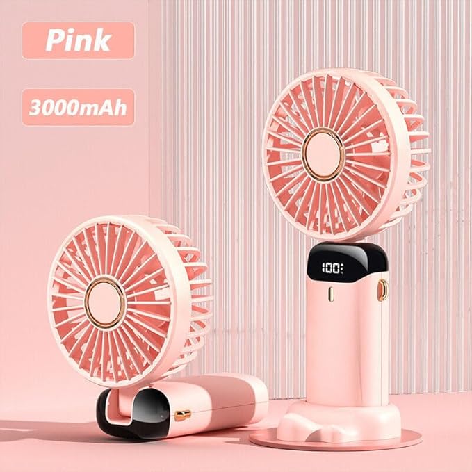 Wisely Multifunctional Handheld Fan with Digital Display – Rechargeable 5-Speed USB Portable Mini Fan for Travel, Office & Home (Pink)