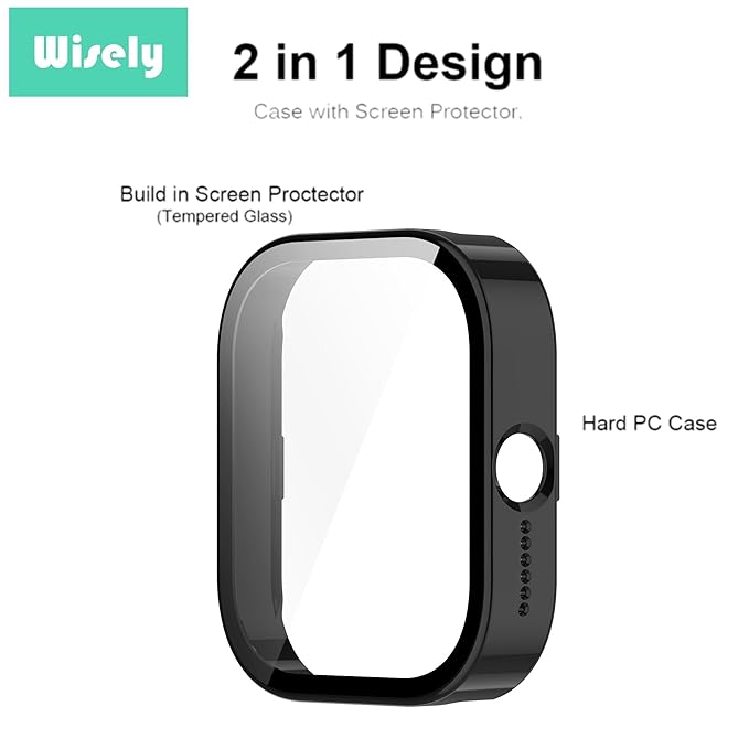 Wisely Shine Full Protective Slim Bumper Tempered Glass Case Cover Compatible with CMF by Nothing Watch Pro – Luxury Black