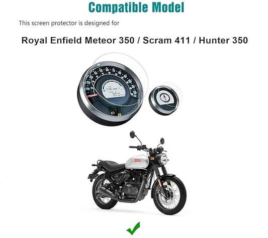 Screen Guard Nano Tempered Glass Compatible for Royal Enfield Meteor 350 / Scram 411 / Hunter 350 Speedometer Protector, Easy installation kit, HD Clear, Full Cover