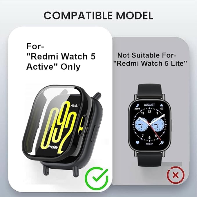 Wisely Shine Full Protective Slim Bumper Tempered Glass Case Cover for Redmi Watch 5 Active – Luxury Black