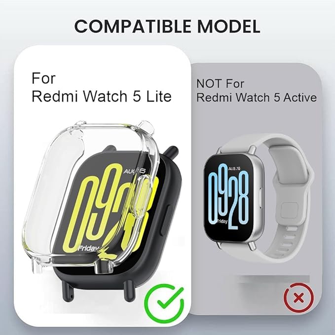 Wisely Protective Case Cover for Redmi Watch 5 Lite – Transparent Soft TPU, HD Clear Full Screen Protector, Anti-Scratch, Shock Absorbent