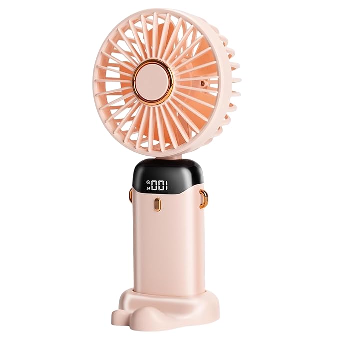 Wisely Multifunctional Handheld Fan with Digital Display – Rechargeable 5-Speed USB Portable Mini Fan for Travel, Office & Home (Pink)