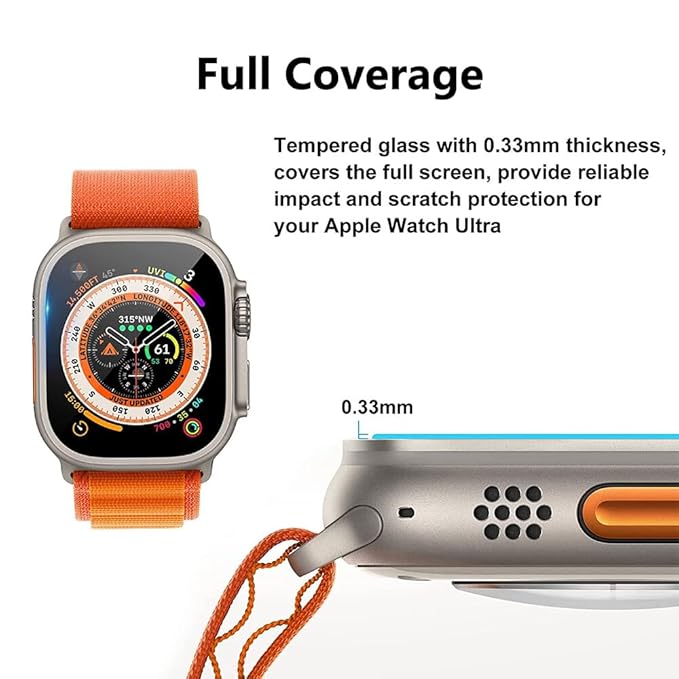 Tempered Glass for Apple Watch Ultra / Ultra 2 (49mm) | Full Cover Edge-to-Edge Screen Protector | 9H Hardness | Pack of 2