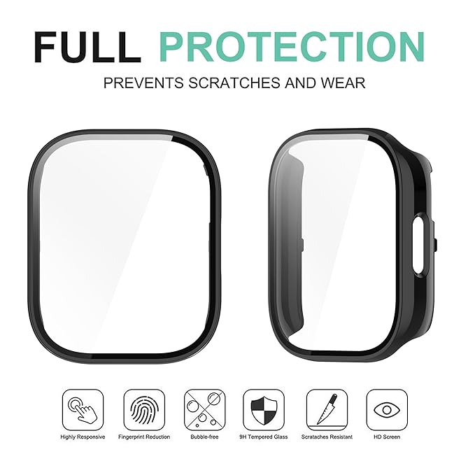Wisely Shine Full Protective Slim Bumper Tempered Glass Case Cover for Redmi Watch 5 Active – Luxury Black