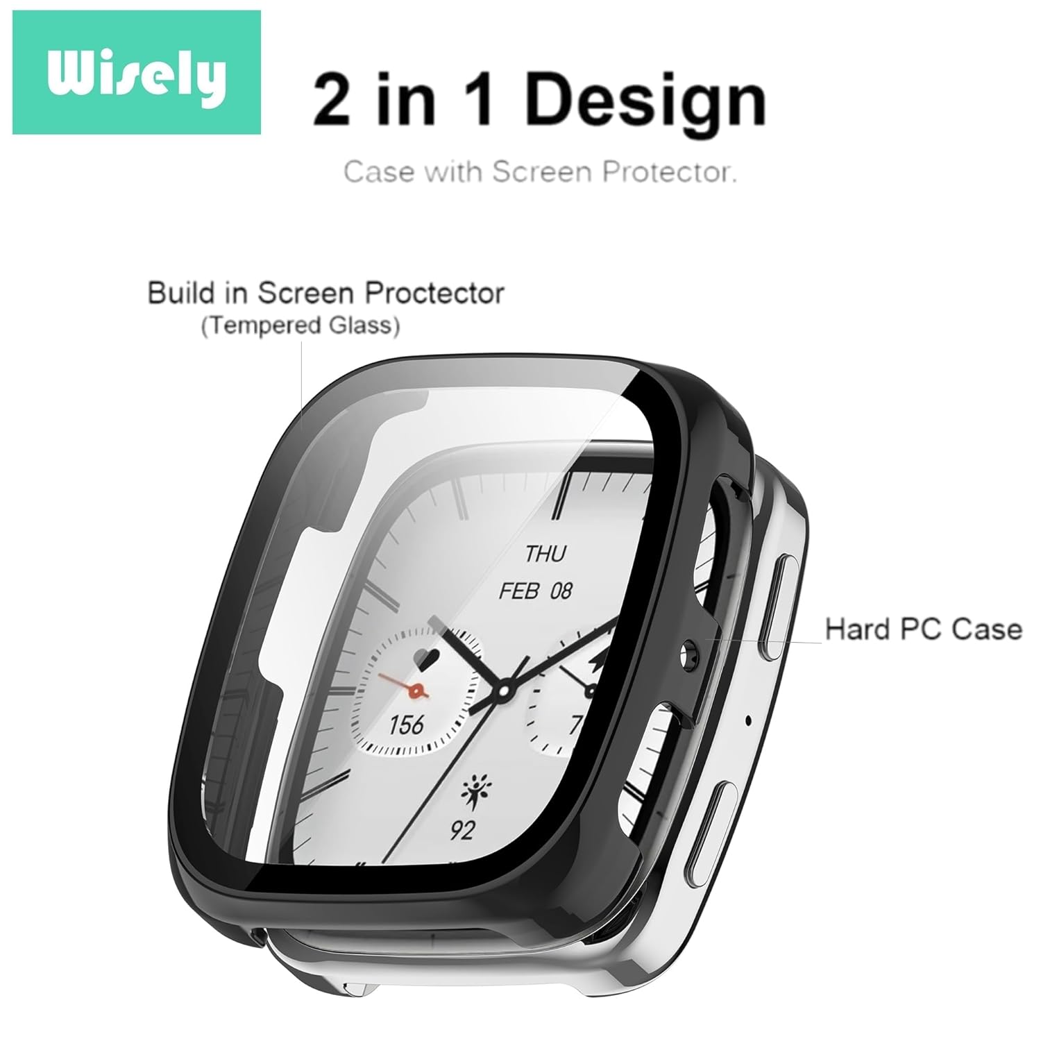 Wisely Shine Protective Slim Bumper Tempered Glass Case Cover for Amazfit Active 2 Square – Luxury Black, 360° Shockproof Protection