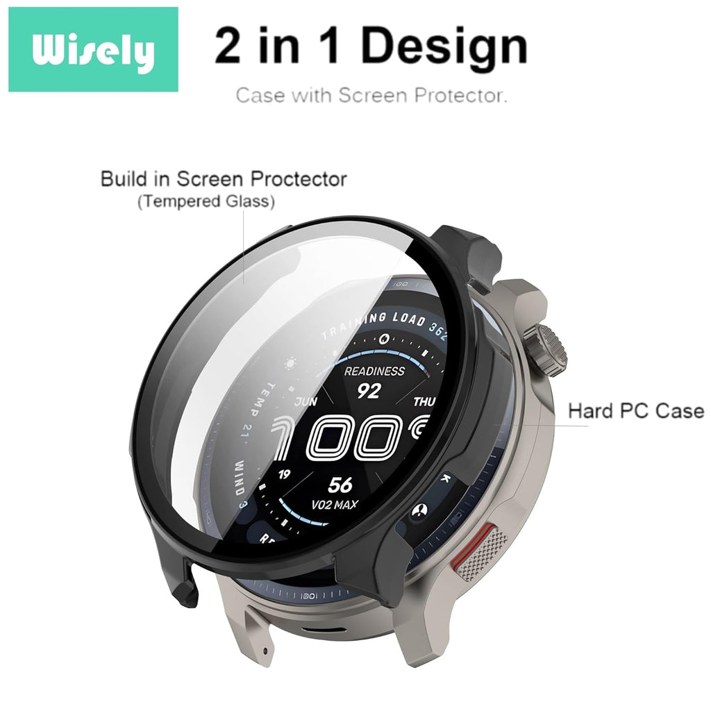 Wisely Shine Protective Slim Bumper Tempered Glass Case Cover for Amazfit Balance 46mm – Luxury Black, Shockproof 360° Protection