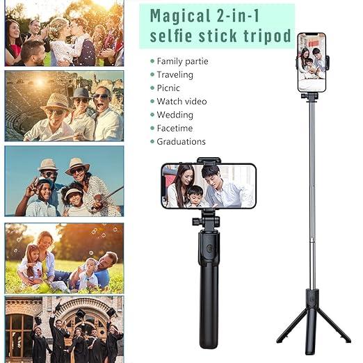 Selfie Sticks with Bluetooth Wireless Remote and Tripod Stand, 3-in-1 Multifunctional Extendable Selfie Stick Compatible with iPhone/Mi/OnePlus/Samsung/Oppo/Vivo and All Phones