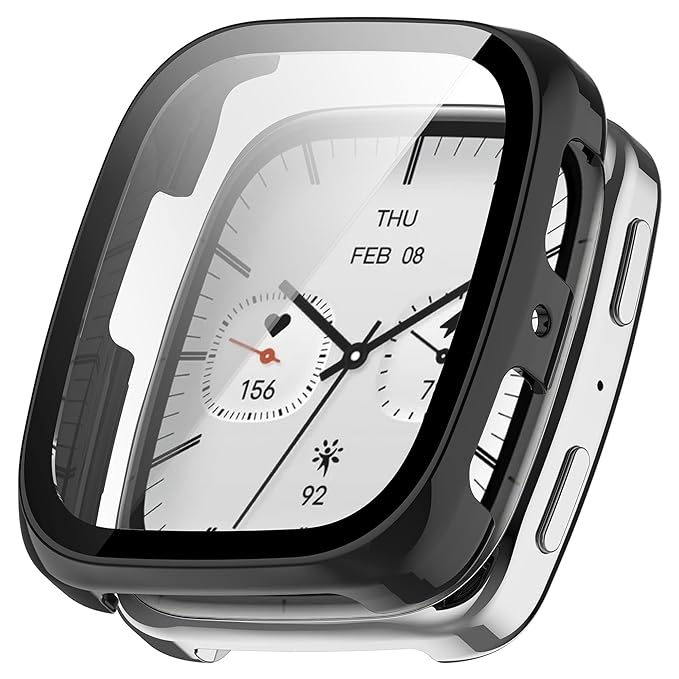 Wisely Shine Protective Slim Bumper Tempered Glass Case Cover for Amazfit Active 2 Square – Luxury Black, 360° Shockproof Protection