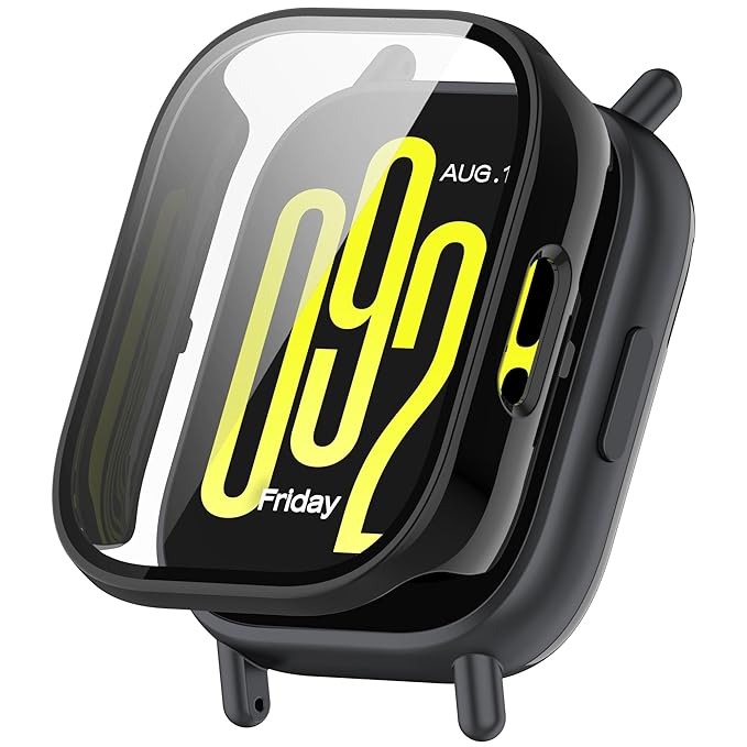 Wisely Shine Full Protective Slim Bumper Tempered Glass Case Cover for Redmi Watch 5 Active – Luxury Black