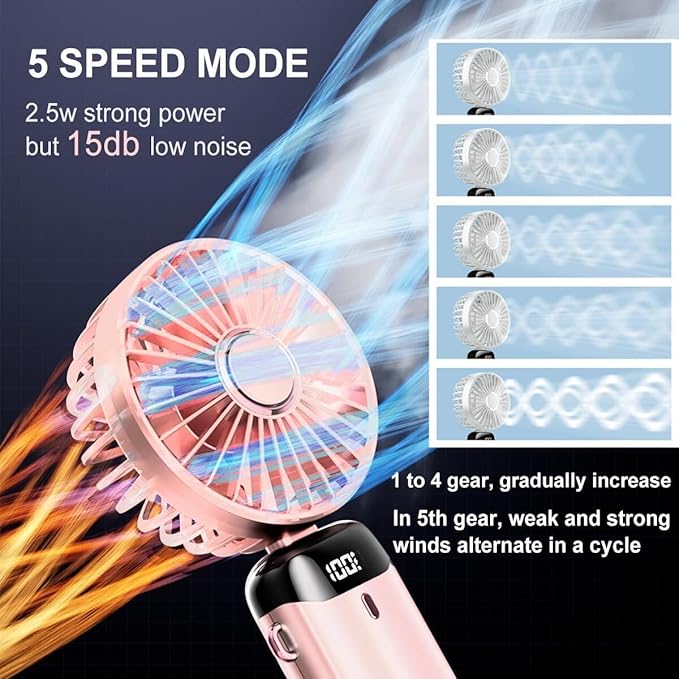 Wisely Multifunctional Handheld Fan with Digital Display – Rechargeable 5-Speed USB Portable Mini Fan for Travel, Office & Home (Pink)