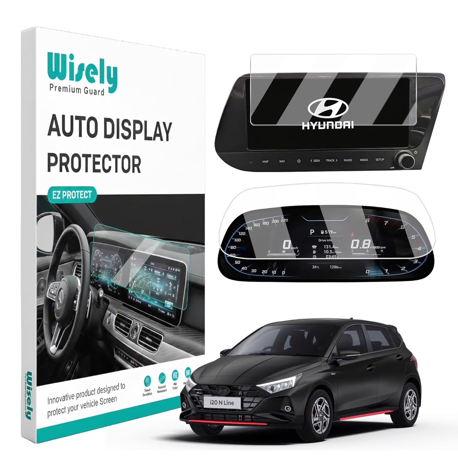 Hyundai i20 Car dashboard multimedia infotainment digital display screen protector guard 10 inch with speedometer instrument cluster screen guard and Wisely packaging